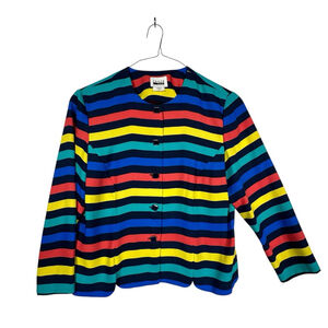 Leslie Fay Vintage Women 16 Petite Button Striped Crayola Print Soft Jacket Top